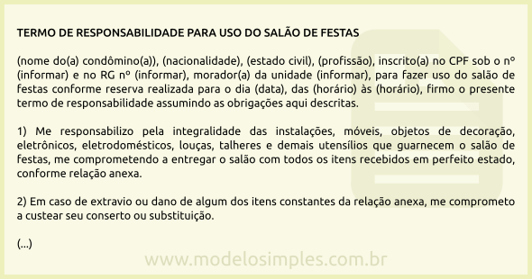 Modelo de Termo de Responsabilidade para uso do Salão de Festas