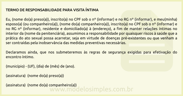 Modelo de Termo de Responsabilidade para Visita Íntima