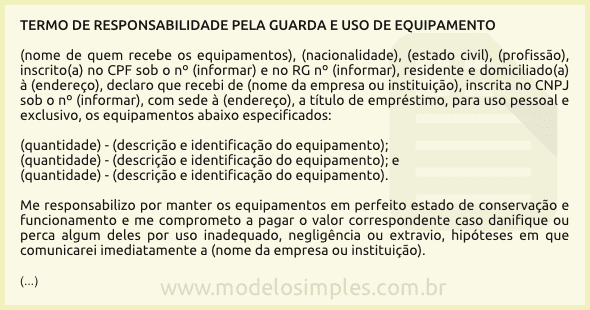 Modelo de Termo de Responsabilidade pela Guarda e Uso de Equipamento