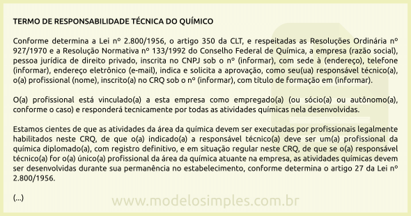 Modelo de Termo de Responsabilidade Técnica do Químico