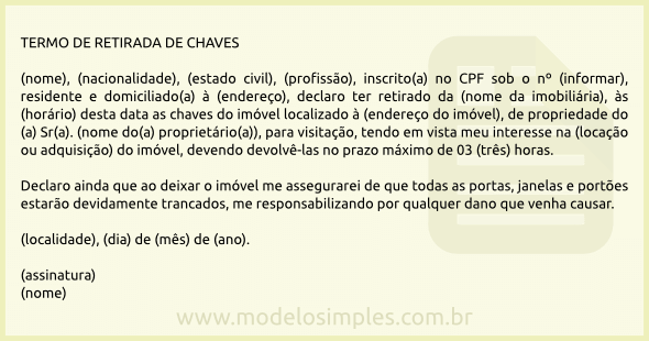 Modelo de Termo de Retirada de Chaves para Visitação