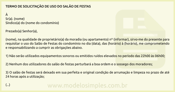 Termo de Solicitação de Uso do Salão de Festas do Condomínio