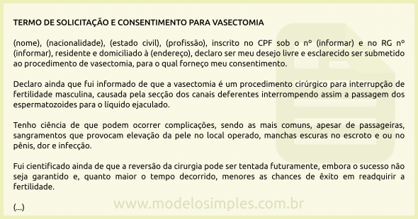 Modelo de Termo de Solicitação e Consentimento para Vasectomia