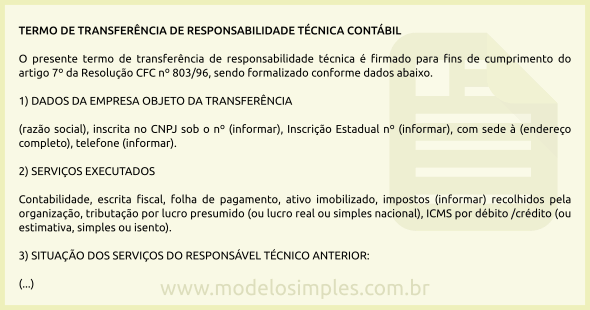 Modelo de Termo de Transferência de Responsabilidade Técnica