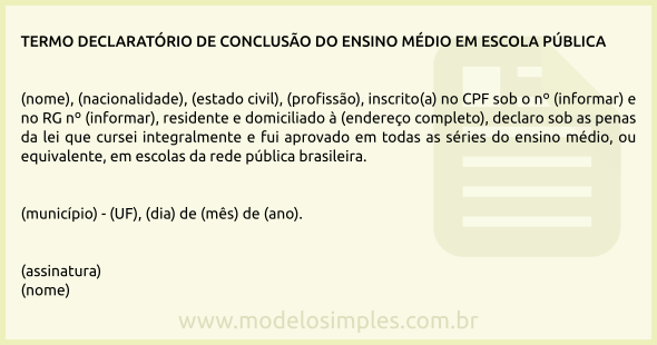 Modelo de Termo Declaratório de Conclusão do Ensino Médio em Escola Pública