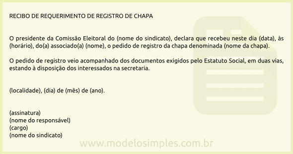 Modelo de Recibo de Pedido de Registro de Chapa para Eleição