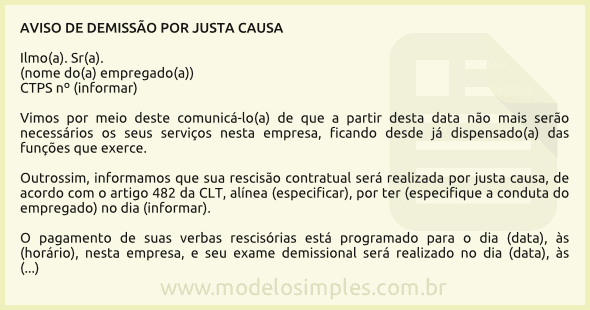 Modelo de Aviso de Demissão por Justa Causa