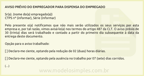 Modelo de Aviso Prévio para Dispensa do Empregado