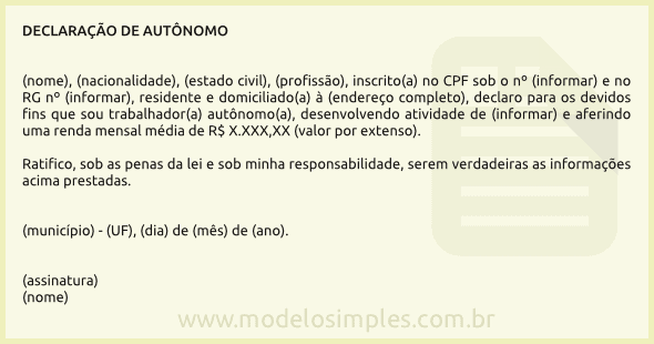 Modelo de Declaração de Autônomo