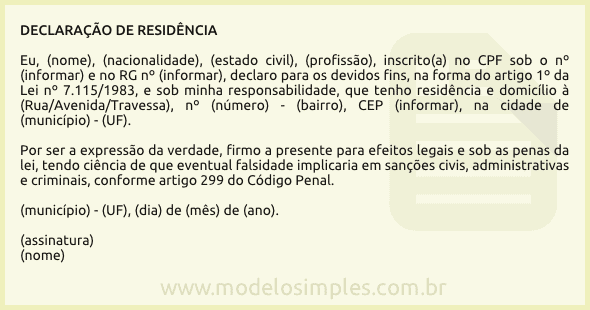 Modelo de Declaração de Residência