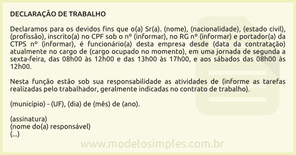 Modelo de Declaração de Trabalho