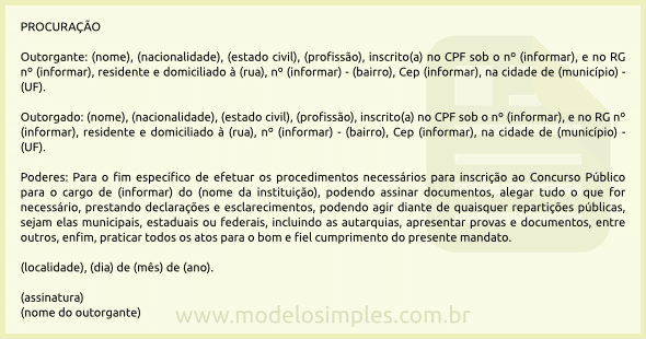 Modelo de Procuração para Inscrição em Concurso Público