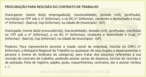 Modelo de Procuração para Rescisão do Contrato de Trabalho