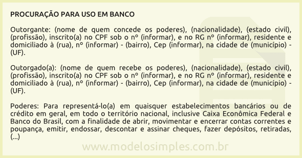 Modelo de Procuração para Uso em Banco