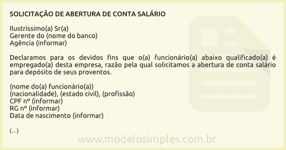 Modelo de Solicitação de Abertura de Conta Salário