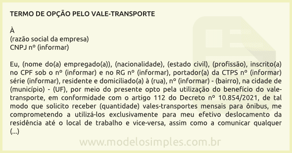 Modelo de Termo de Opção pelo Vale-Transporte