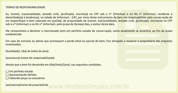 Modelo de Termo de Responsabilidade