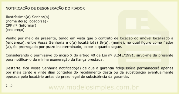 Modelo de Notificação ao Locador Sobre a Exoneração do Fiador